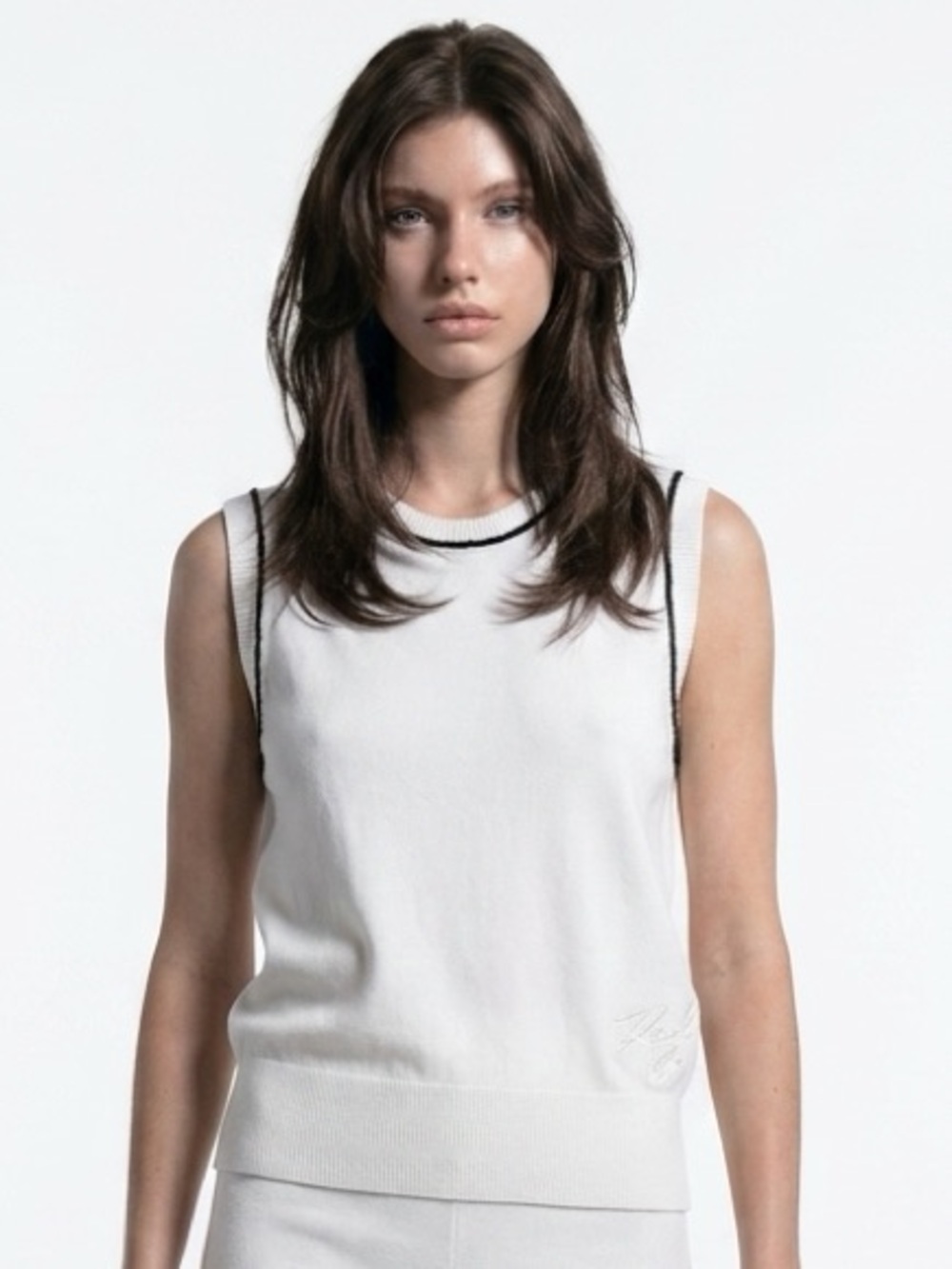 Karl Lagerfeld White Knit Sleeveless Top with Black Trim
